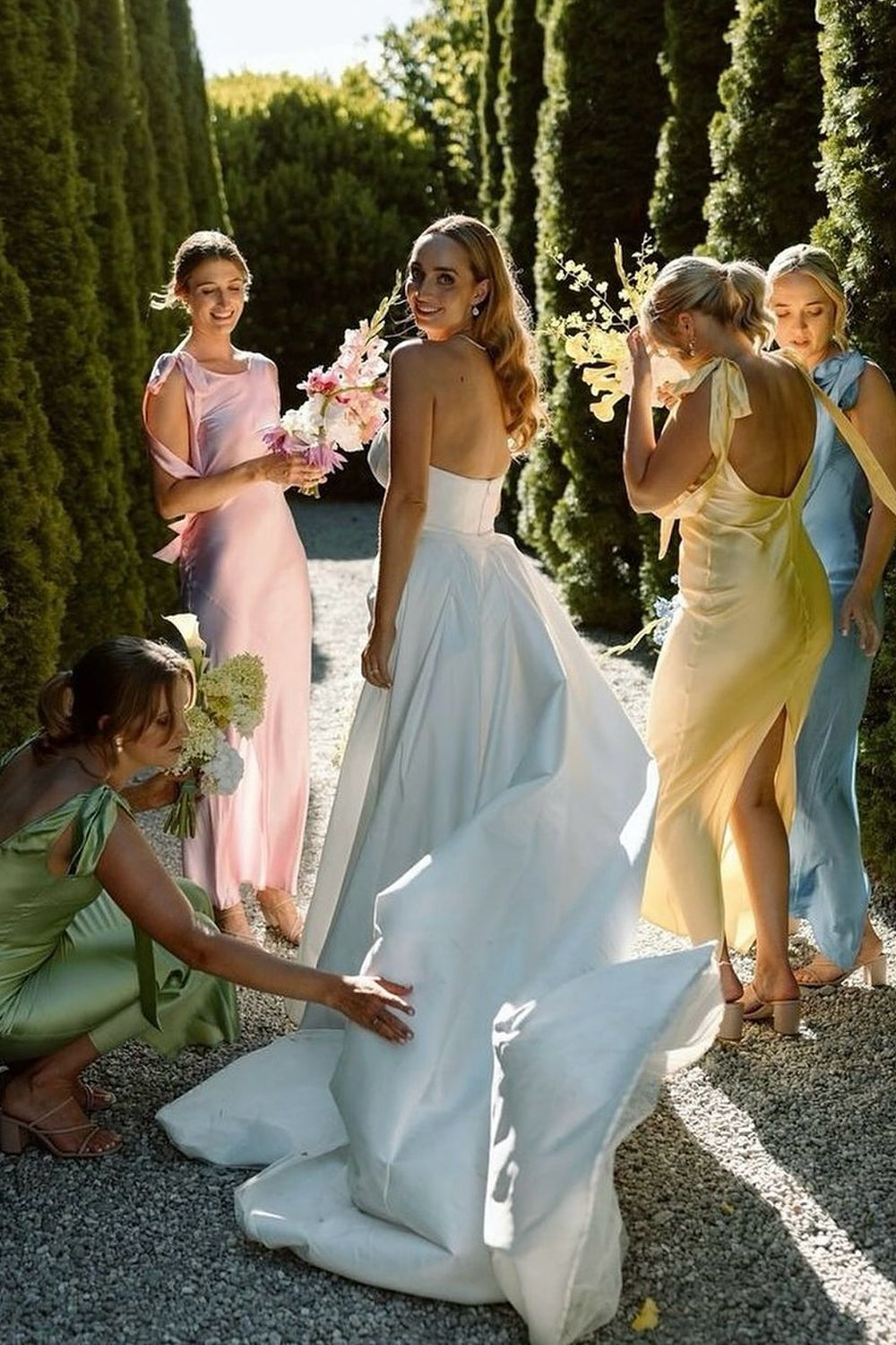 Romantic Sheath Boat Neck Silk Satin Long Bridesmaid Dresses VK24101301