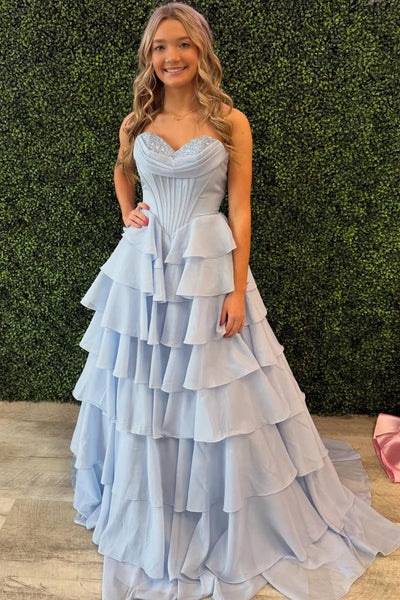 A Line Sweetheart Light Blue Chiffon Long Prom Dress with Beading VK161909
