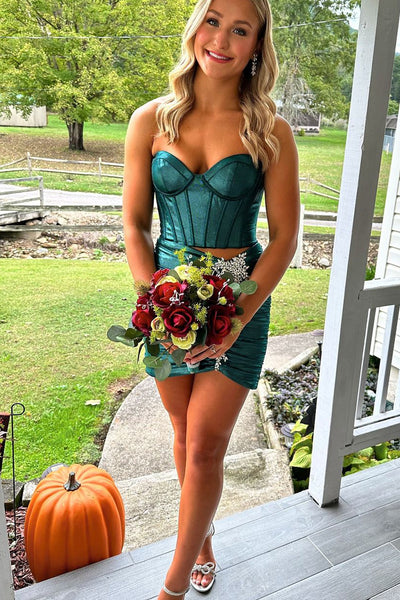Cute Bodycon Sweetheart Dark Green Satin Short Homecoming Dresses with Beading VK24100205