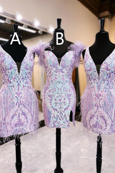 Unique Bodycon Lavender Sequin Lace Homecoming Dresses with Feathers VK23081908