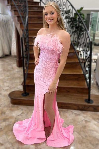 Pink Beaded Feather Strapless Lace-Up Mermaid Long Prom Dress VK23110102