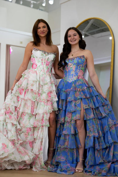 Cute A Line Strapless Blue Floral Satin Prom Dress with Beading