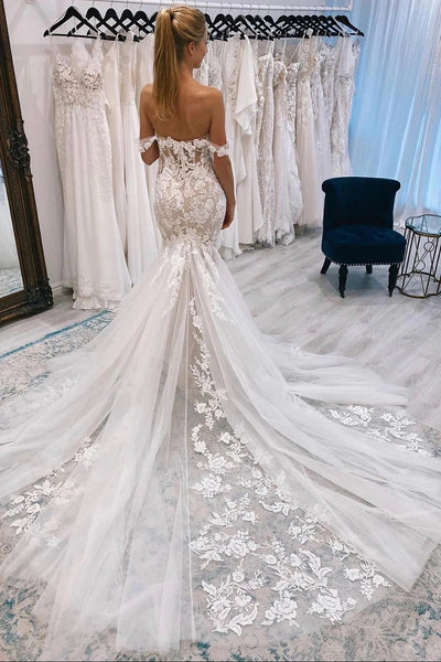 Ivory Off the Shoulder Long Lace Mermaid Wedding Dress VK23101707
