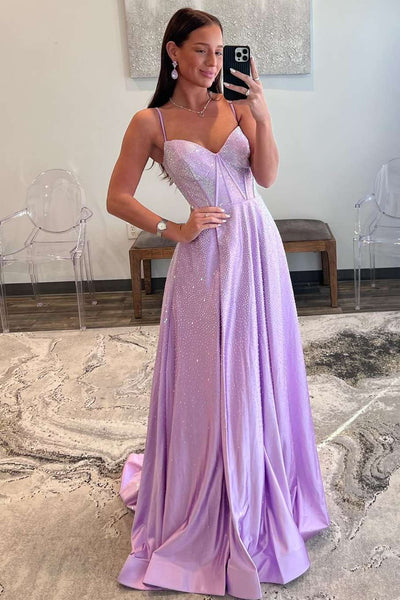 Cute A Line Strapless Lilac Prom Dress with Rhinestones VK23113006
