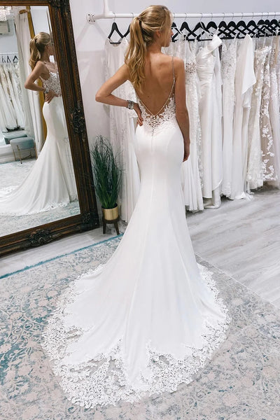 Stunning Mermaid V Neck White Satin Lace Wedding Dresses with Train VK23082706