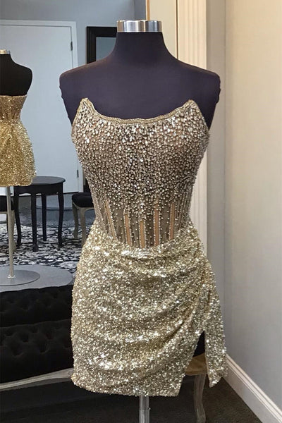 Strapless Gold Beaded Sequin Bodycon Short Dress