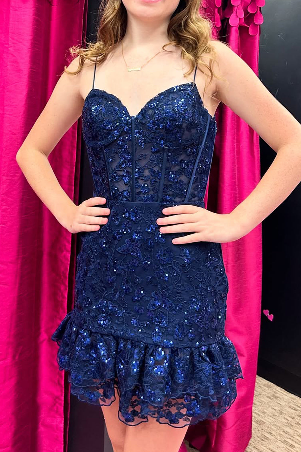 Navy Blue Sweetheart Sequin Lace Tight Short Homecoming Dresses VK25091605
