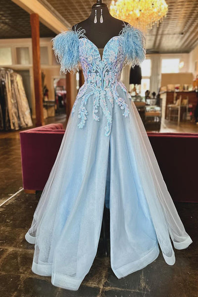 Cute Light Blue Off the Shoulder Sequin Lace Prom Dresses with Feather VK23120203