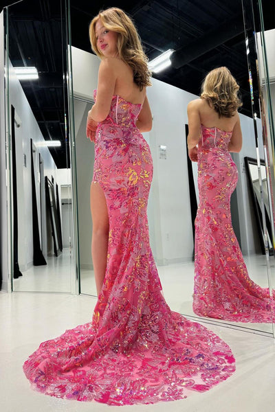 Pink Strapless Sequin Lace Mermaid Long Prom Dresses with Slit VK24011901