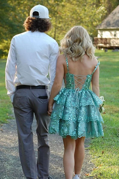 Cute A Line V Neck Sage Green Sequins Lace Short Homcoming Dresses VK13101