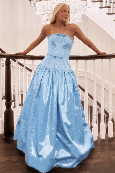 Cute A-Line Strapless Blue Satin Prom Dresses with Bow VK26020501