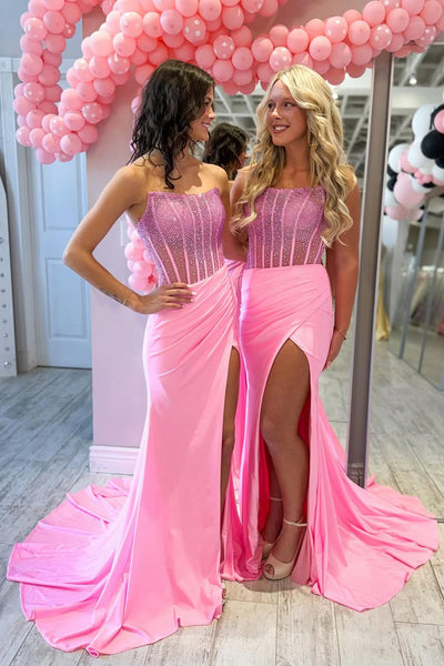 Stunning Mermaid Strapless Pink Stretch Satin Slit Prom Dress VK26031810