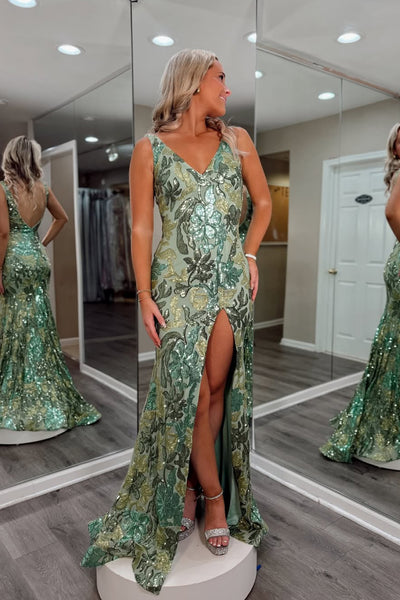 Mermaid V Neck Sage Green Sequins Lace Long Prom Dress with Slit VK25112506