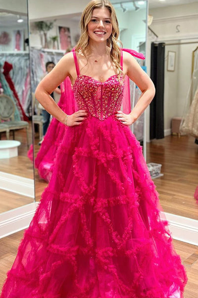 Cute Fuchsia Sweetheart A-Line Tulle Long Prom Dresses VK24032603