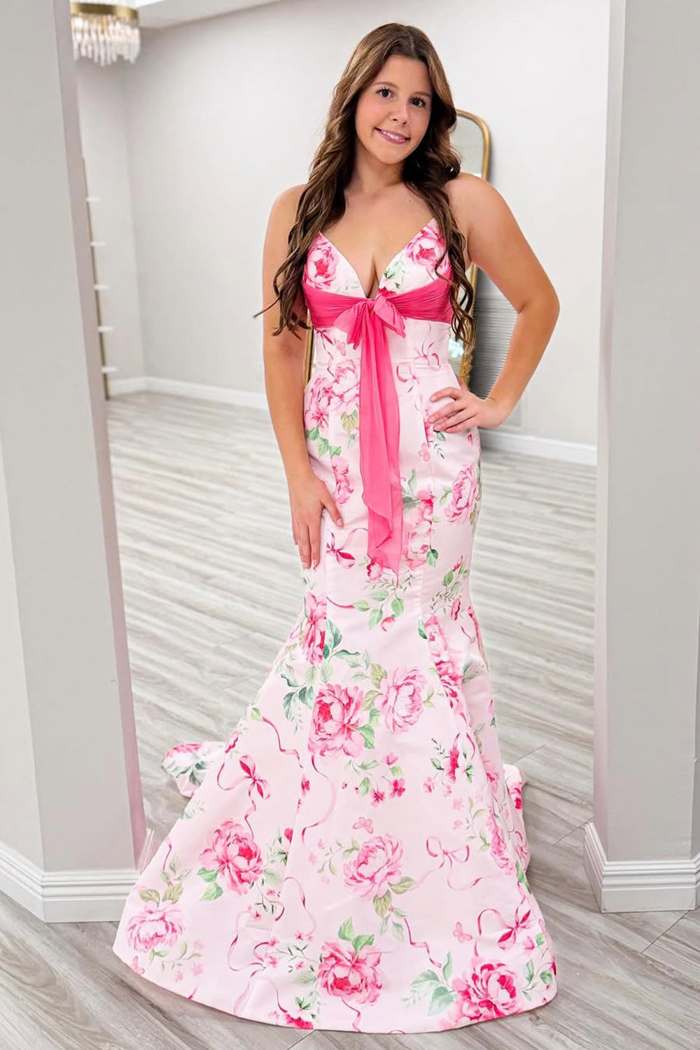 Mermaid V Neck Pink Floral Satin Prom Dress with Beading VK25112505