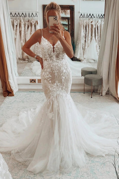 Stunning Mermaid V Neck Tulle Lace Wedding Dresses VK23082505