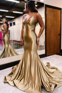Golden Satin V Neck Cutout Mermaid Prom Dresses VK23120502