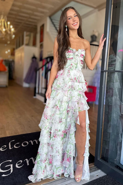 Floral Ruffle Tiered Strapless Sweetheart Pleats Long Prom Dresses with Slit VK26020603