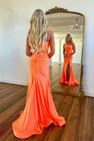 Mermaid One Shoulder Orange Satin Long Prom Dresses with Slit VK24041703