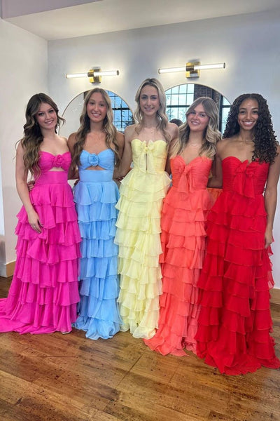 Cute A Line Sweetheart Pink Chiffon Tiered Slit Prom Dresses with Bow