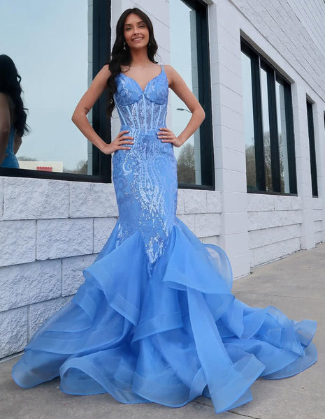 Mermaid V Neck Blue Corset Lace Prom Dresses Ruffles with Spaghetti Straps VK25101406