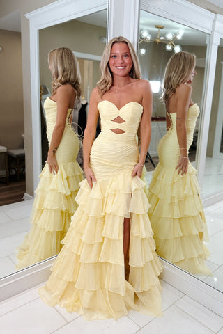 Mermaid Sweetheart Keyhole Daffodil Tiered Chiffon Prom Dresses Slit VK25111903