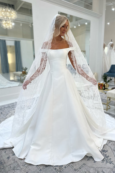Simple A-Line Off the Shoulder White Satin Wedding Dresses VK26082105