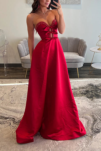 A-Line Sweetheart Keyholes Red Satin Long Prom Dresses with Pockets VK26010503