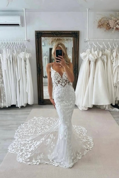 Mermaid V Neck Tulle Lace Appliques Wedding Dresses with Train VK26012608