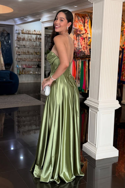 Elegant A-Line Sweetheart Sage Green Satin Long Prom Dresses with Pockets VK25102804