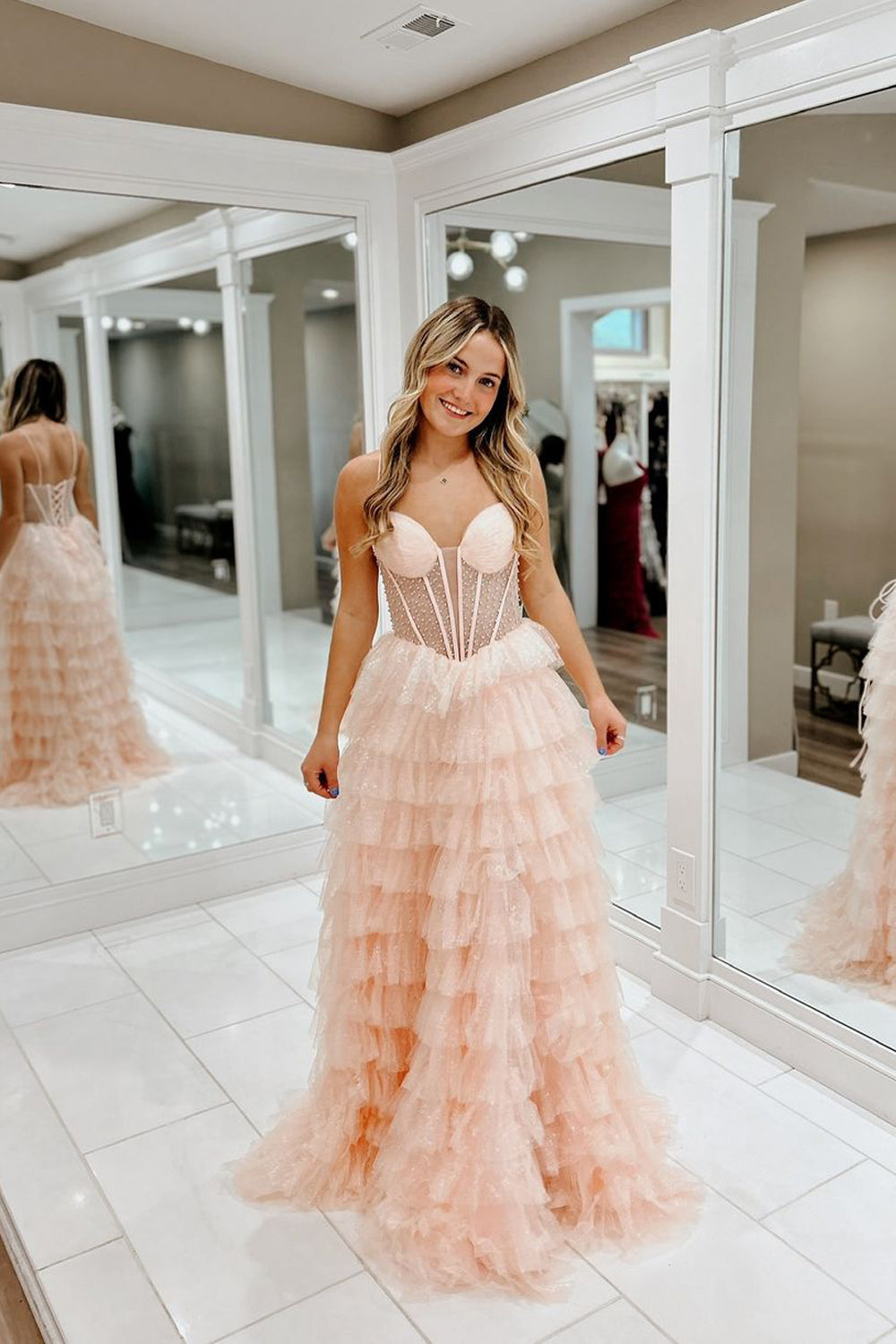 Cute A Line Straps Glitter Tiered Tulle Long Prom Dresses