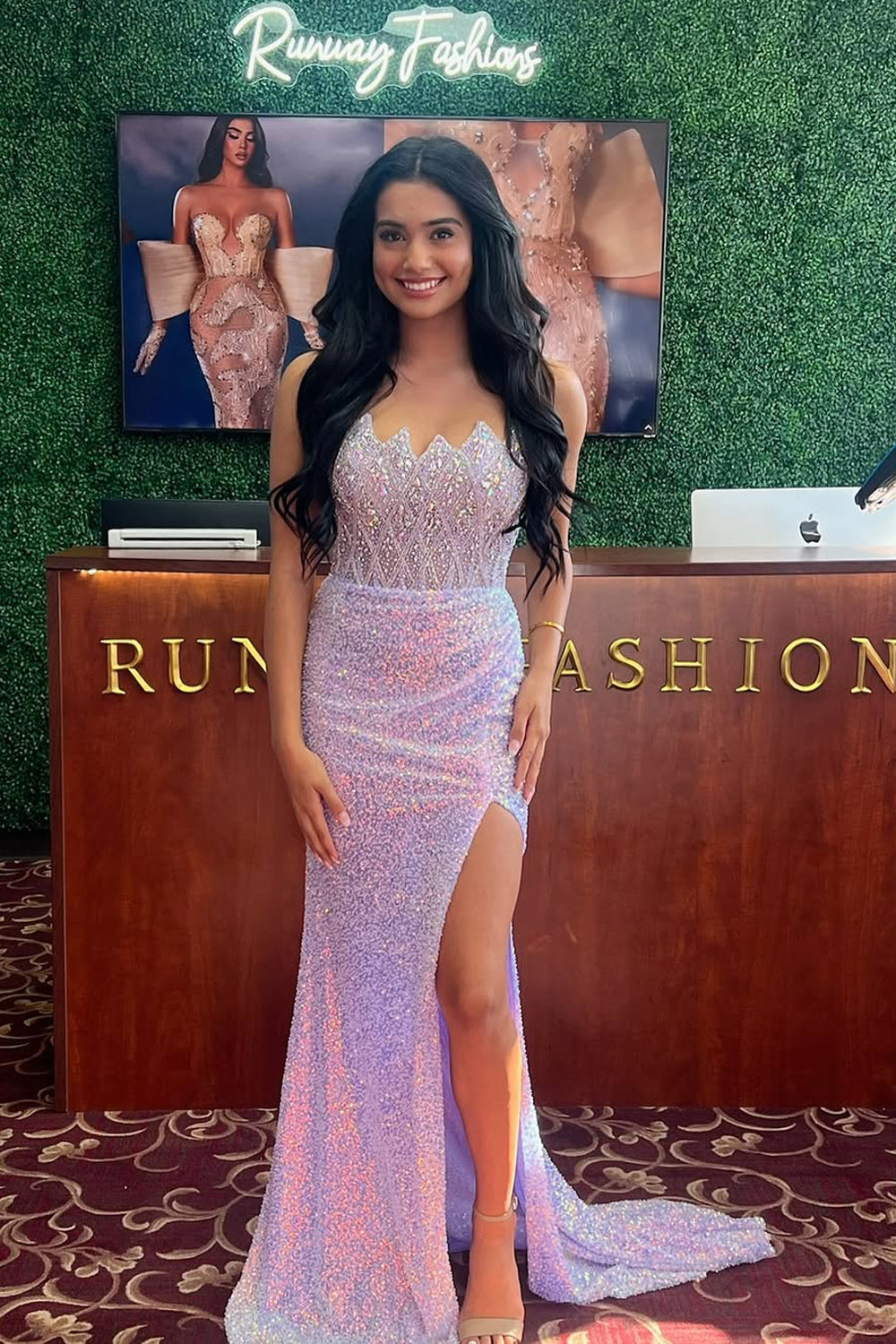 Mermaid Strapless Lilac Sequins Long Prom Dresses with Slit VK25032002