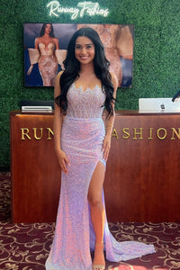 Mermaid Strapless Lilac Sequins Long Prom Dresses with Slit VK25032002