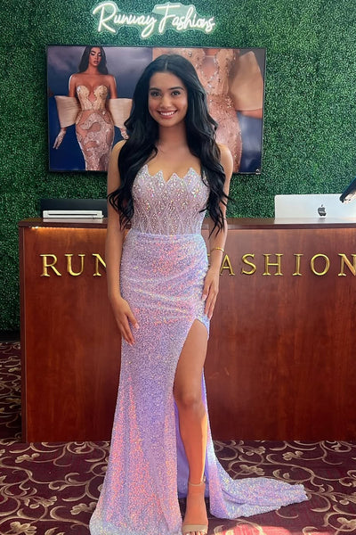 Mermaid Strapless Lilac Sequins Long Prom Dresses with Slit VK25032002