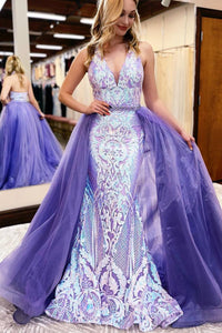 Charming Mermaid Halter Lavender Sequin Lace Long Prom Dresses with Train VK23100606