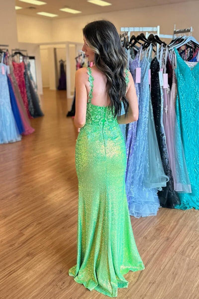 Cute Mermaid V Neck Green Sequin Mermaid Long Prom Dresses with Appliques VK24021402
