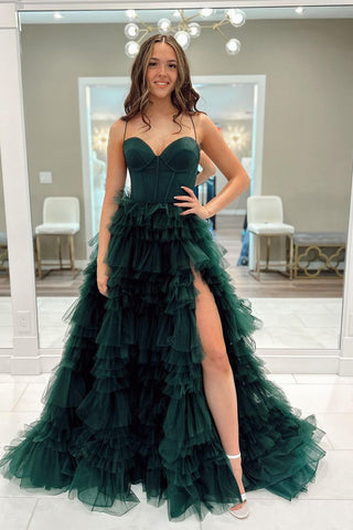 Dark Green Sweetheart Ruffle Tiered Tulle Long Prom Dresses with Slit VK24032702
