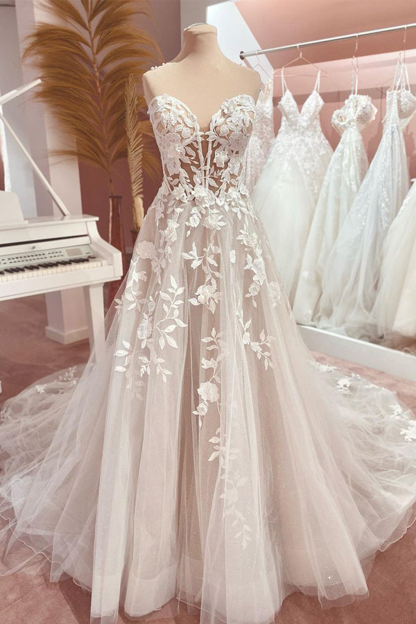 Fairy A Line Sweetheart Tulle Long Wedding Dresses with Appliques VK23061302