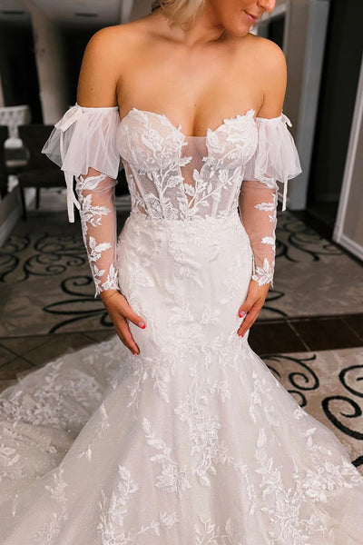 Mermaid Sweetheart White Tulle Wedding Dresses with Sleeves VK23101703
