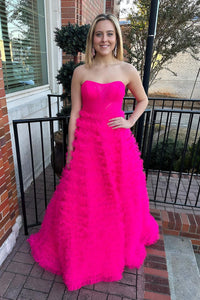 Hot Pink Strapless Tiered Tulle Long Prom Dresses VK23112403