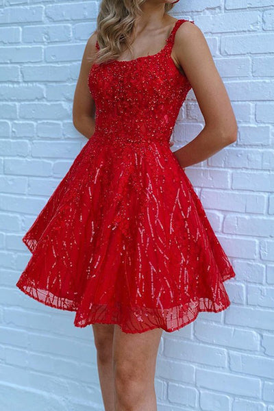 Glitter A-Line Scoop Neck Red Sequins Short Homecoming Dresses with Pockets VK23080808
