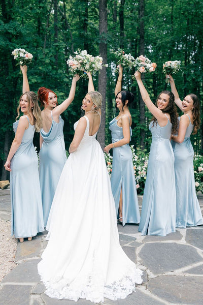 Elegant Mermaid Light Blue Satin Long Bridesmaid Dresses with Slit VK24052903