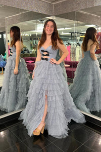 Unique A-Line Polka Dot Ruffle Tiered Long Prom Dresses with Bow VK24050805