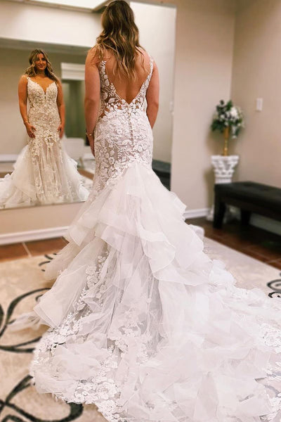 Charming Bohemian Mermaid V Neck Tulle Lace Wedding Dresses with Train VK23102006
