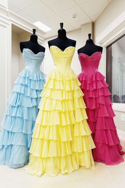 Cute Yellow Sweetheart Ruffle Chiffon Tiered Long Prom Dresses With Split