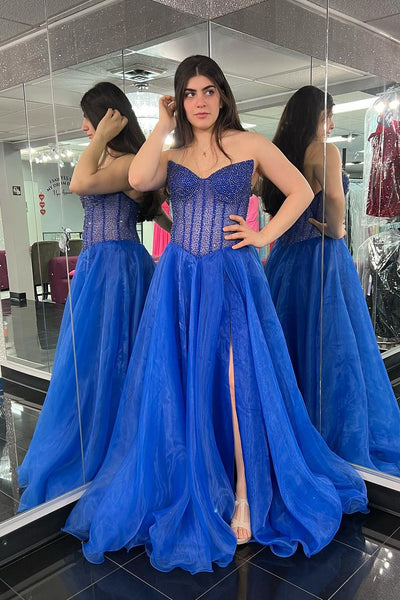 Royal Blue Strapless Organza Long Prom Dresses with Beading VK24022704
