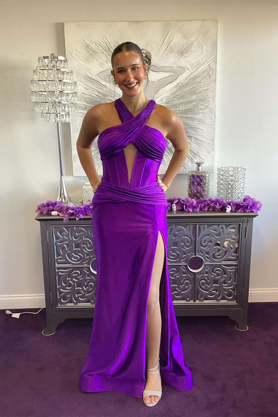 Unique Mermaid Halter Green Satin Long Slit Prom Dress
