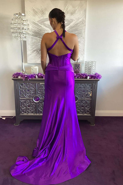 Unique Mermaid Halter Green Satin Long Slit Prom Dress