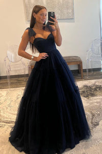 Sweetheart Navy Blue Tulle Long Prom Dress VK23102307