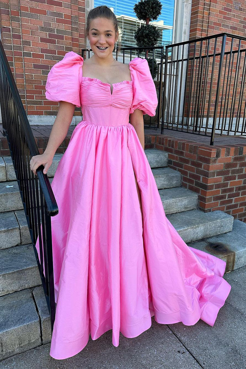 Pink A-Line Puffle Sleeves Satin Prom Dresses with Slit VK23111104